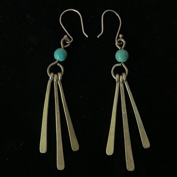 Vintage HOB MEXICO Sterling Silver Paddle Drop Turquoise Bead Dangle Earrings 3” - Picture 5 of 7